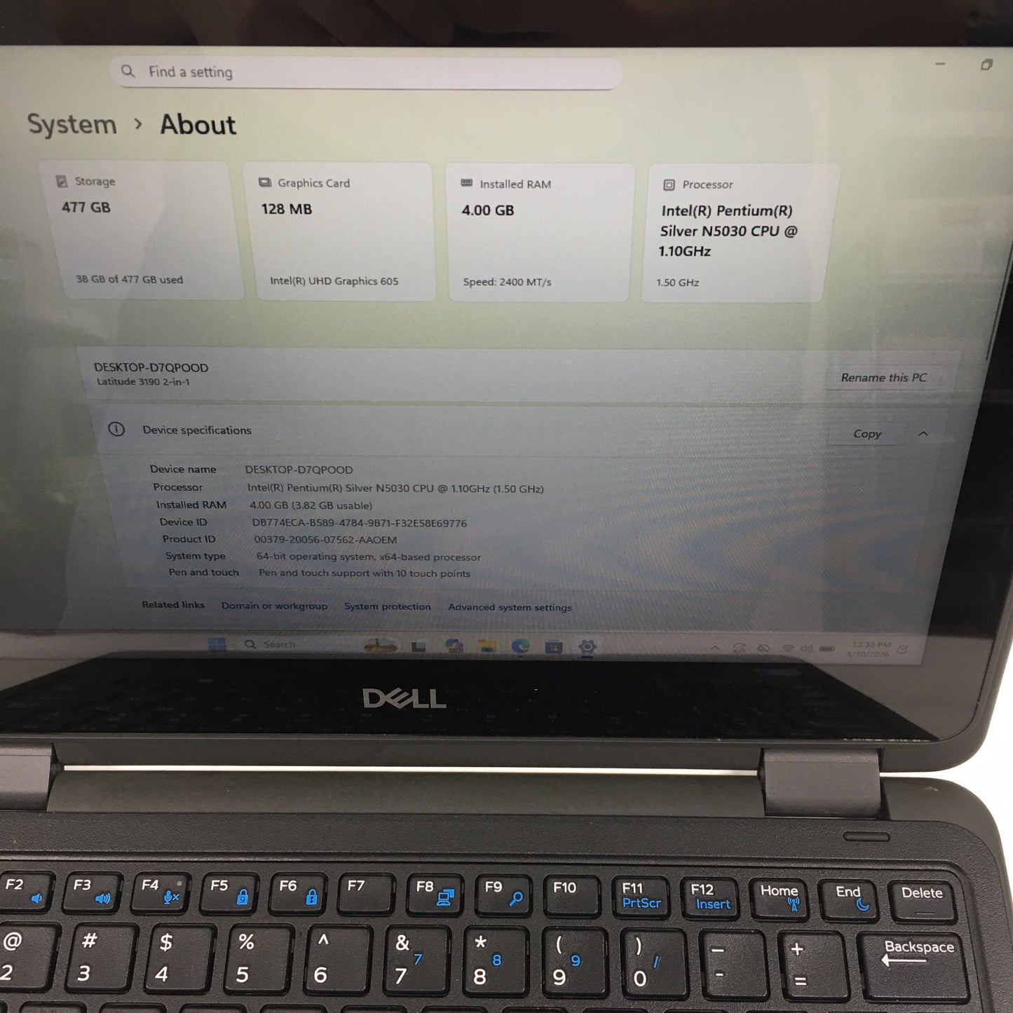 Dell Latitude 3190 11.6" Pentium Silver N5030 1.5GHz 4GB RAM 512GB SSD