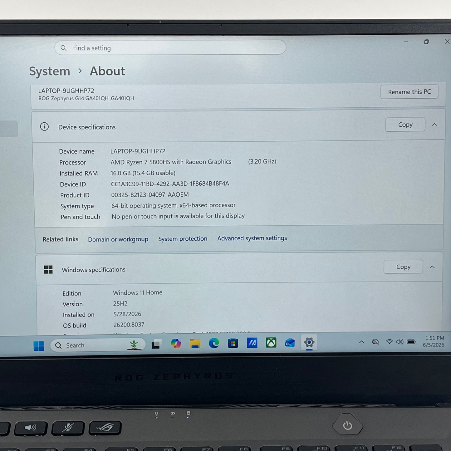 Asus ROG Zephyrus G14 GA401Q 14" Ryzen 7 5800HS 3.2GHz 16GB 512GB SSD GTX 1650