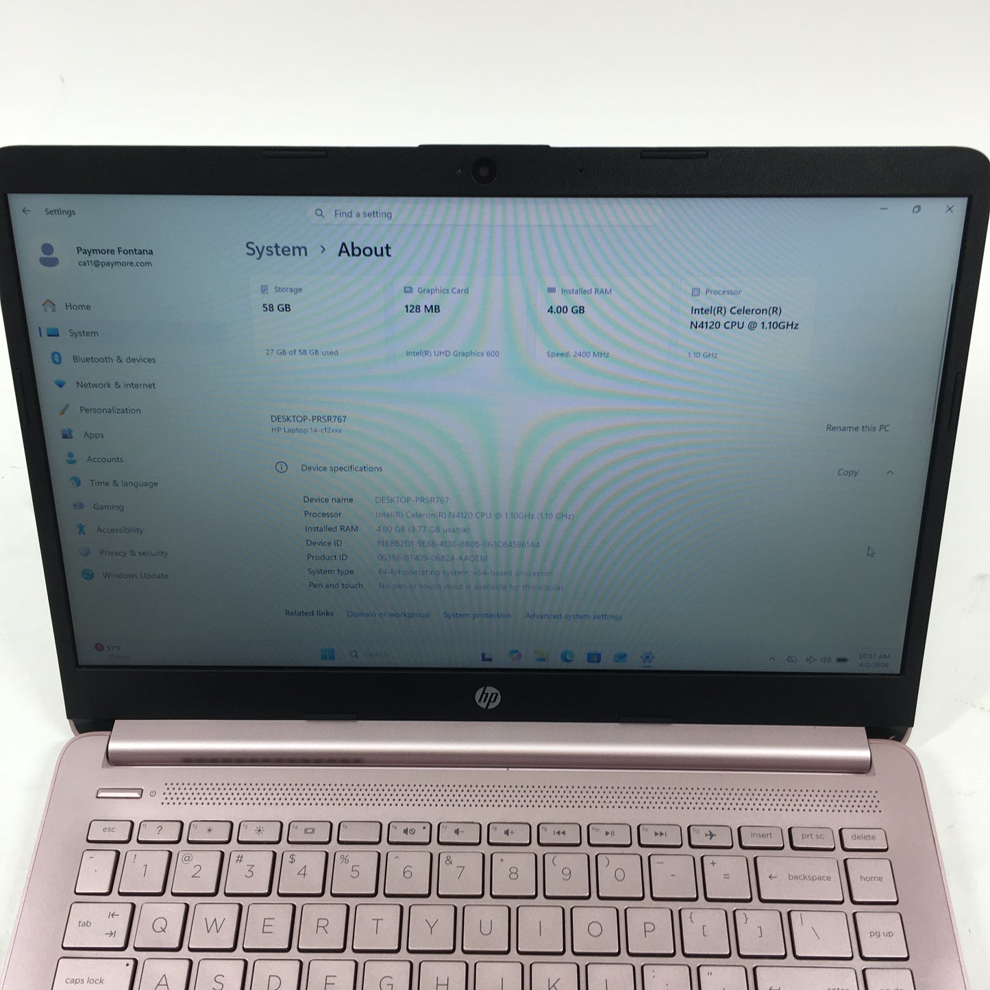 HP Laptop 14-CF2112WM 14" Celeron N4120 1.1GHz 4GB RAM 64GB