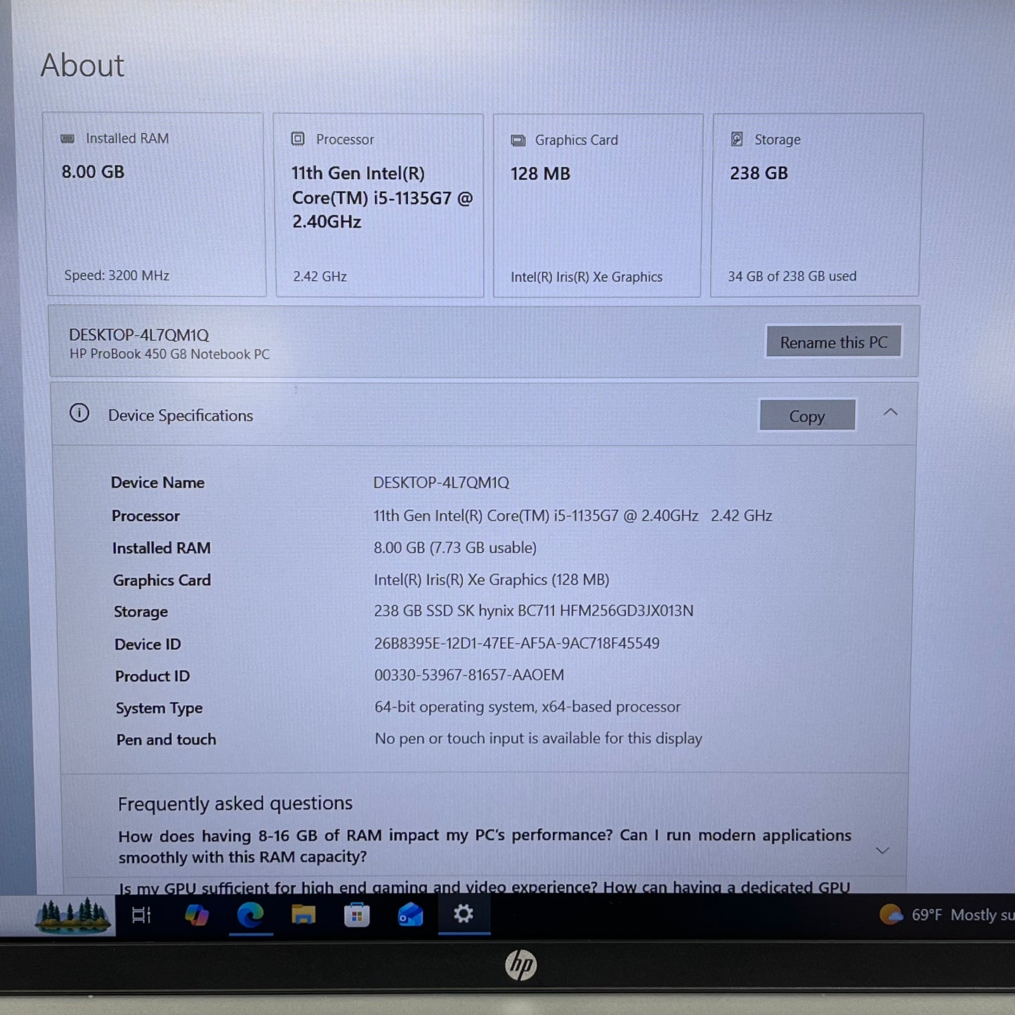 HP ProBook 450 G8 15.6" i5-1135G7 2.4GHz 8GB RAM 256GB SSD