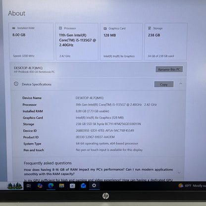 HP ProBook 450 G8 15.6" i5-1135G7 2.4GHz 8GB RAM 256GB SSD