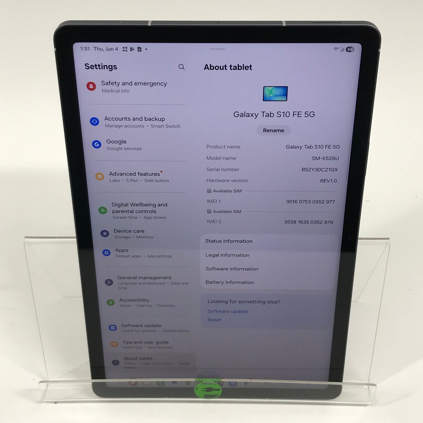 Verizon Samsung s10 Fe 5g 10.9" 128GB Silver SM-X528U