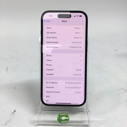Factory Unlocked Apple iPhone 15 128GB Black MTLV3LL/A