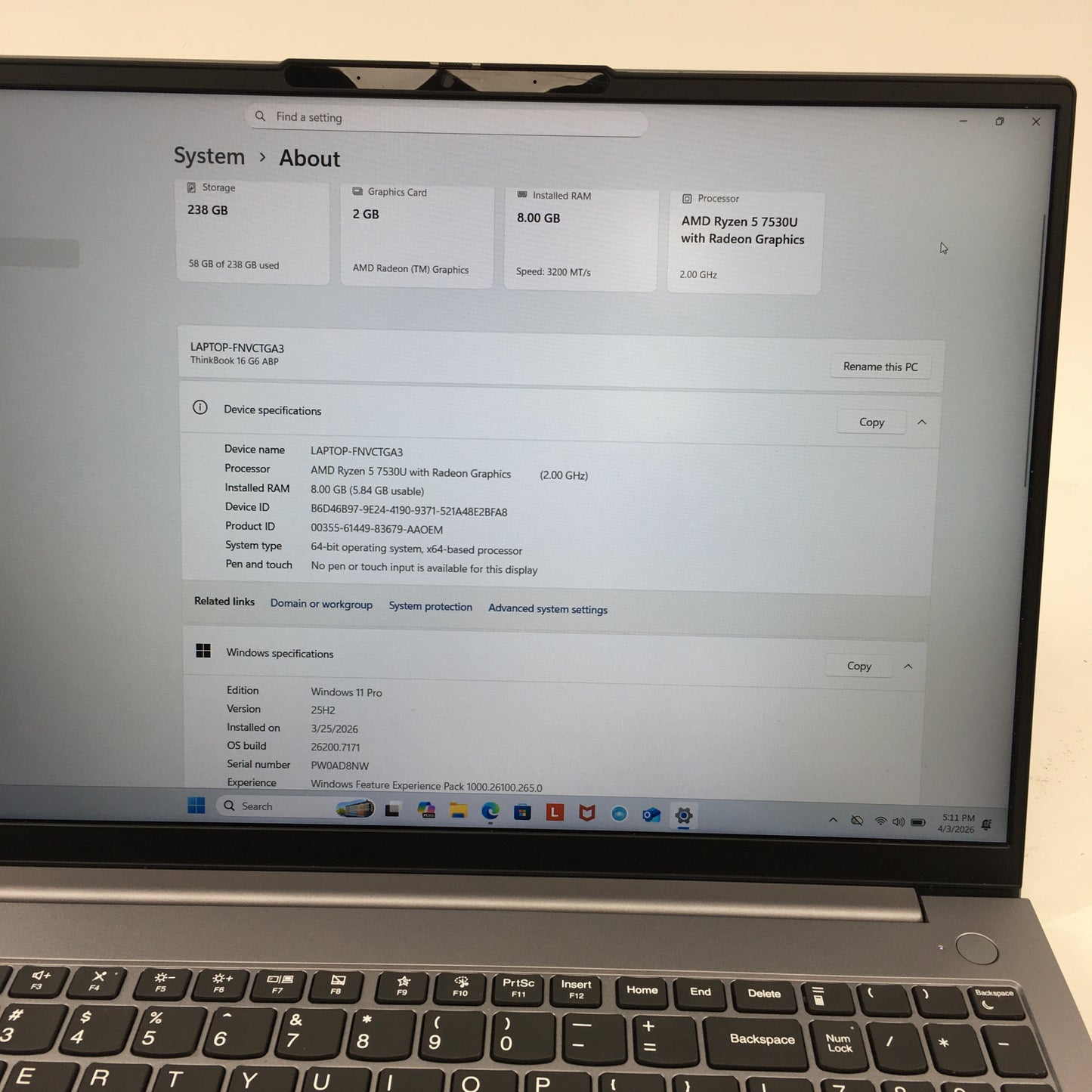 Lenovo ThinkBook 16 Gen 6 16" Ryzen 5 7530U 2.0GHz 8GB RAM 256GB SSD