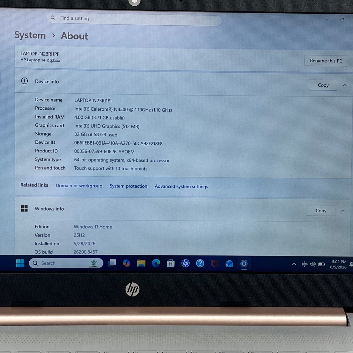 HP Laptop 14-DQ3280NR 14" Celeron N4500 1.1GHz 4GB RAM 64GB SSD