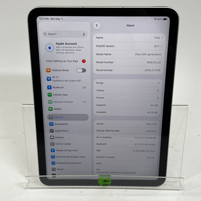 Unlocked Apple iPad 10th Gen 64GB Silver MQ6J3LL/A