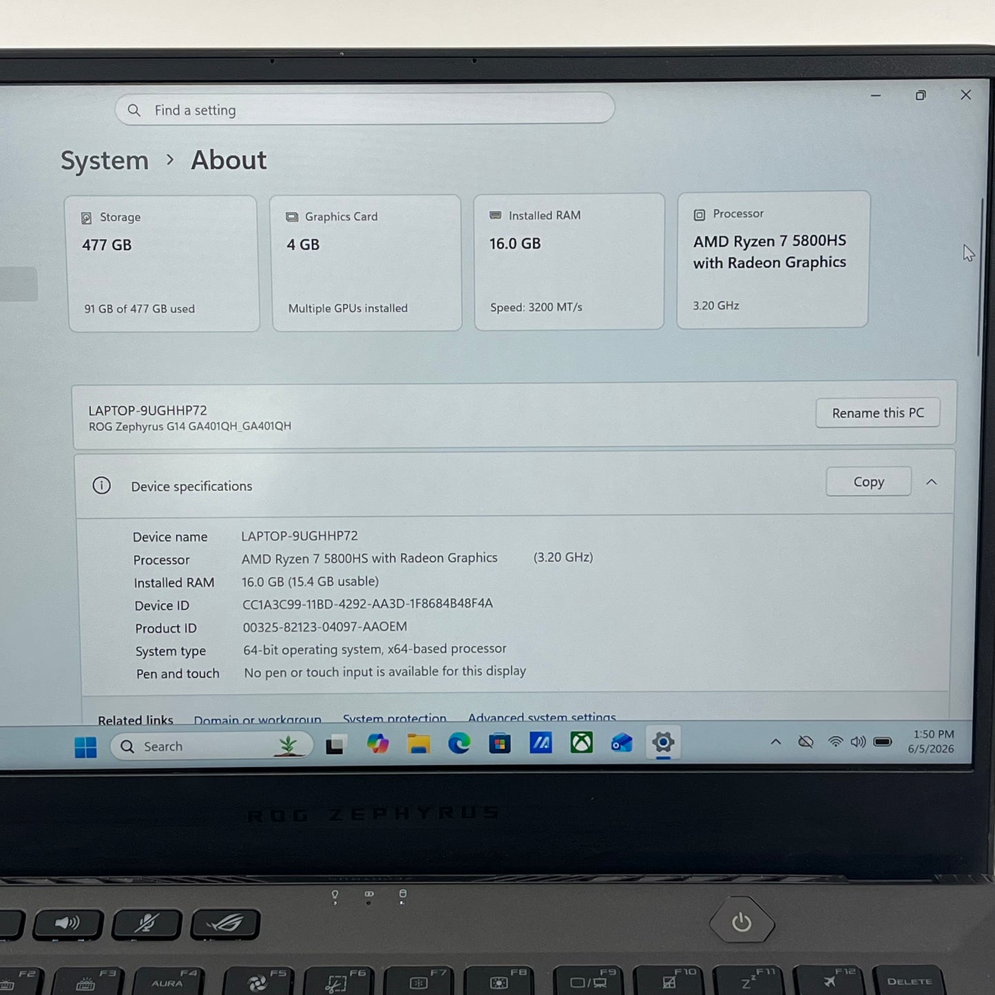 Asus ROG Zephyrus G14 GA401Q 14" Ryzen 7 5800HS 3.2GHz 16GB 512GB SSD GTX 1650