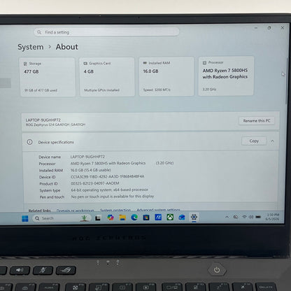 Asus ROG Zephyrus G14 GA401Q 14" Ryzen 7 5800HS 3.2GHz 16GB 512GB SSD GTX 1650