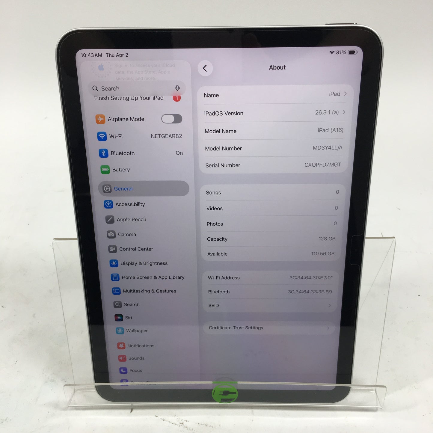 WiFi Only Apple iPad 11" (A16) 128GB Silver MD3Y4LL/A