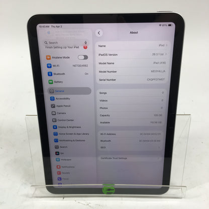 WiFi Only Apple iPad 11" (A16) 128GB Silver MD3Y4LL/A