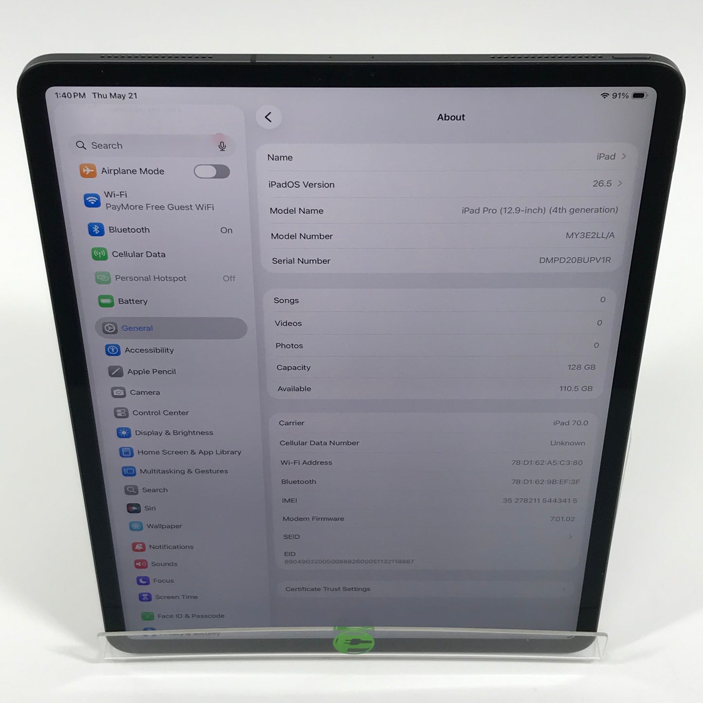WiFi Only Apple iPad Pro 12.9" 4th Gen 128GB Space Gray MY3E2LL/A