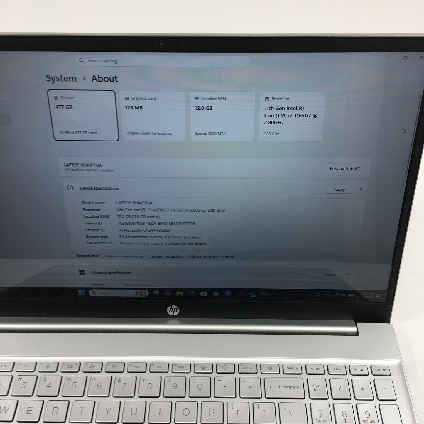 HP Pavilion 15-EG0167ST 15.6" i7-1165G7 2.8GHz 12GB RAM 512GB SSD
