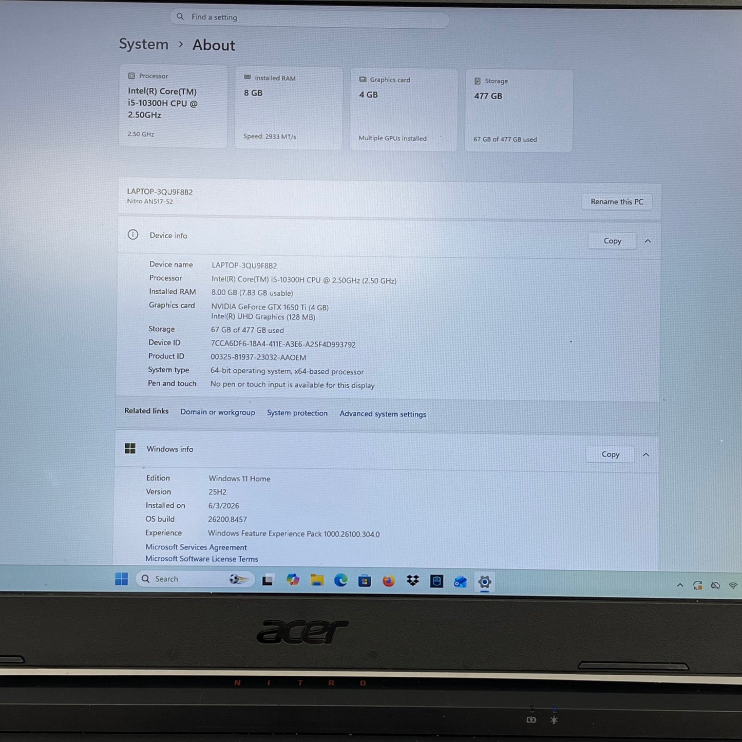 Acer Nitro 5 AN517-52 17.3" i5-10300H 2.5GHz 8GB RAM 512GB SSD GTX 1650 Ti